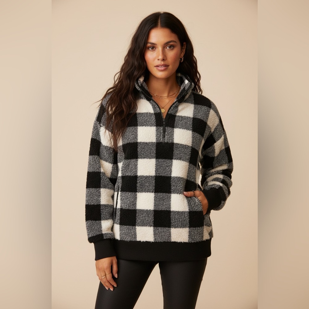 LuLaRoe Nancy Half Zip Pullover with Side Pockets • White Black Plaid